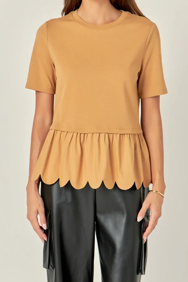 ENGLISH FACTORY Tops*- Mixed Media Scallop Detail T-shirt