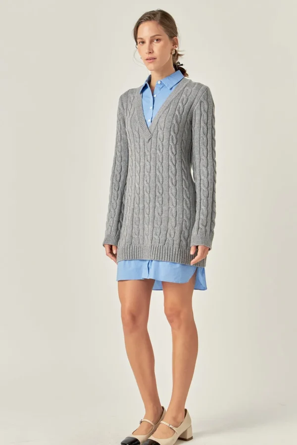 ENGLISH FACTORY Sweaters & Knits | Tops*- Mixed Media Cable Knit V-Neck Drop Sweater Dress