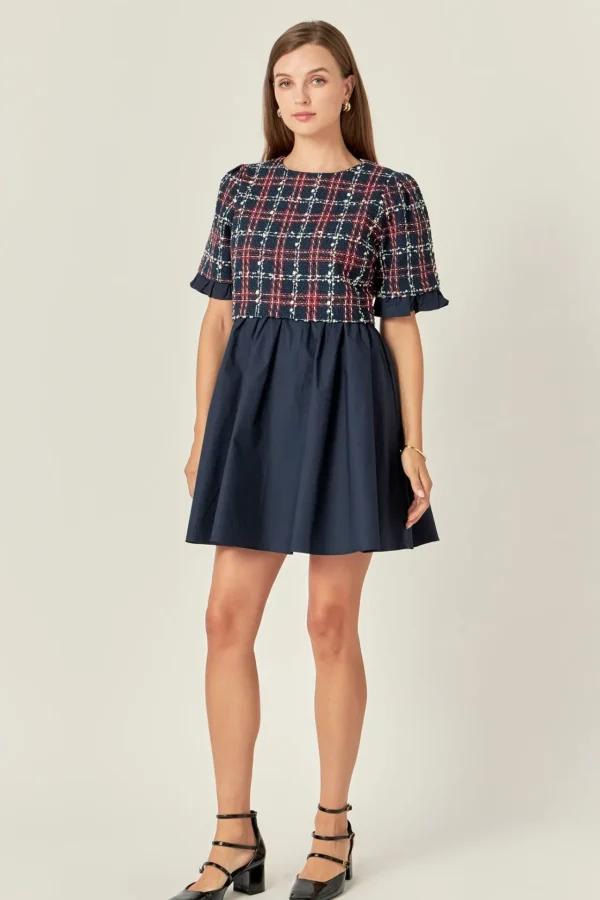 ENGLISH FACTORY Tweed Dresses | Tops*- Mixed Media Tweed Mini Dress
