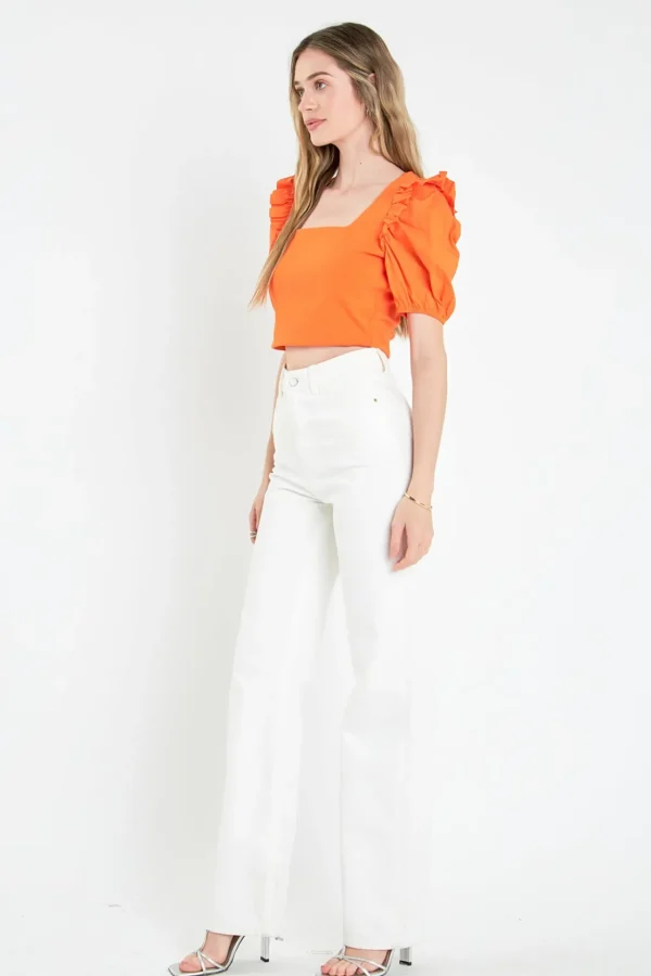 ENGLISH FACTORY Tops*- Mixed Media Puff Sleeve Knit Top
