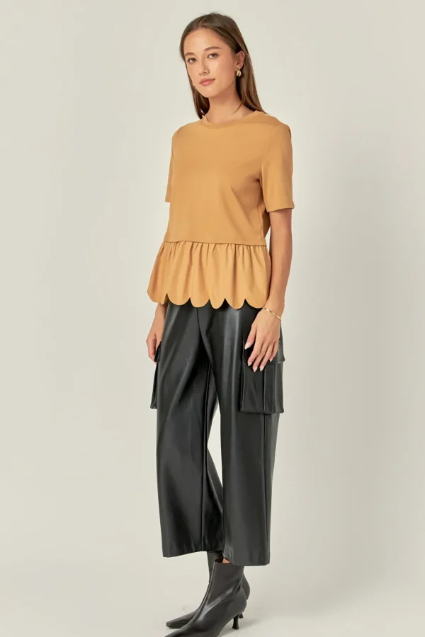 ENGLISH FACTORY Tops*- Mixed Media Scallop Detail T-shirt