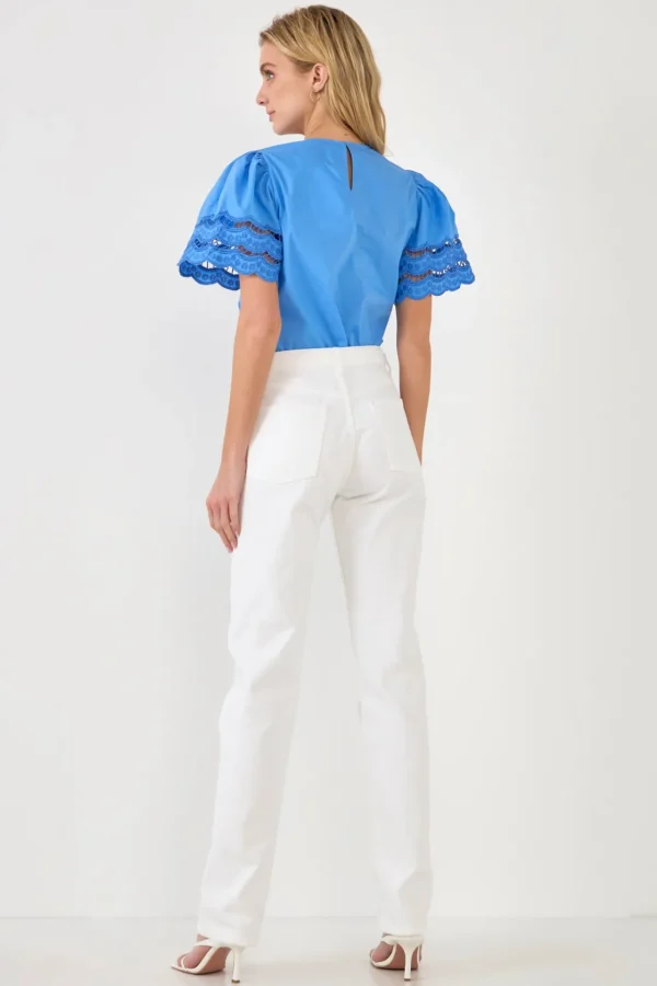 ENGLISH FACTORY Tops*- Mixed Media Lace Trim Knit Top