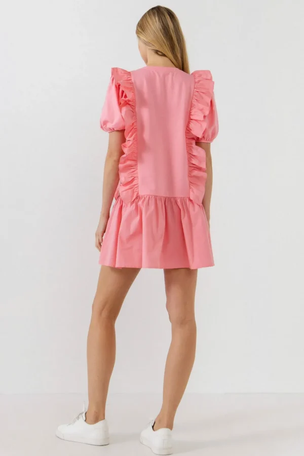 ENGLISH FACTORY Puff Sleeve | Tops*- Mixed Media Ruffle Detail Mini Dress