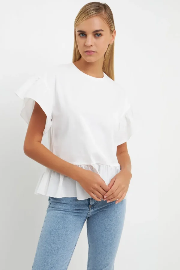 ENGLISH FACTORY Tops*- Mixed Media Knit Top in Fuchsia