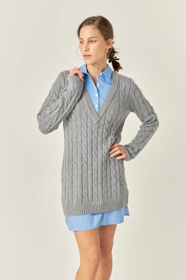ENGLISH FACTORY Sweaters & Knits | Tops*- Mixed Media Cable Knit V-Neck Drop Sweater Dress