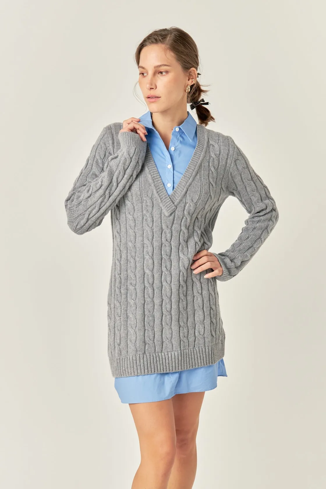 english_factory__mixed_me_8-13.webp ENGLISH FACTORY Sweaters & Knits | Tops*- Mixed Media Cable Knit V-Neck Drop Sweater Dress