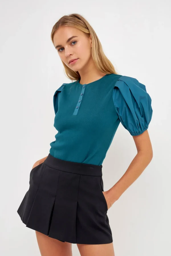 ENGLISH FACTORY Sweaters & Knits*- Mixed Media Puff Sleeve Henley Top