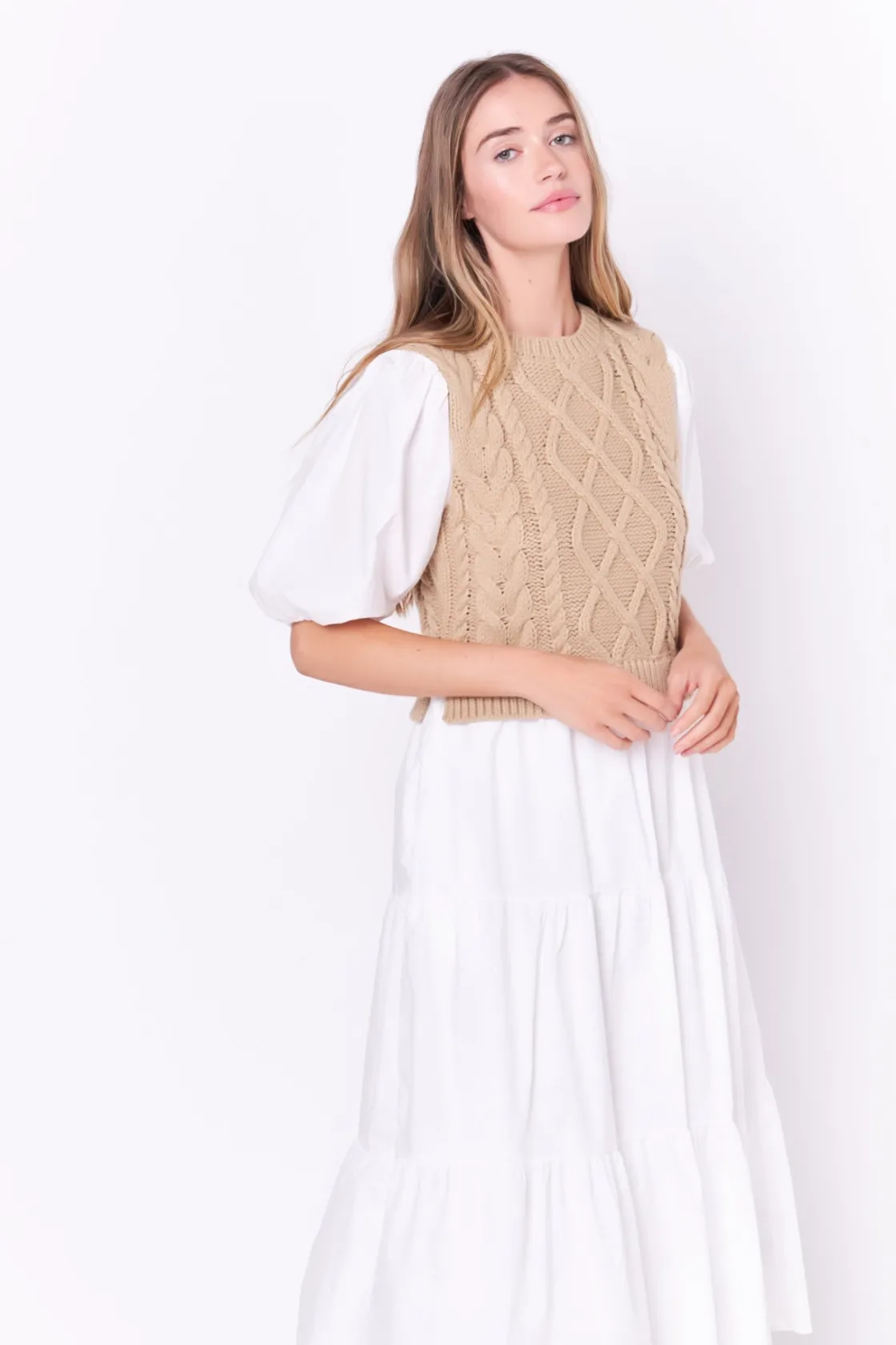 english_factory__mixed_me_8-16.webp ENGLISH FACTORY Sweaters & Knits*- Mixed Media Cable Knit Down Midi Dress