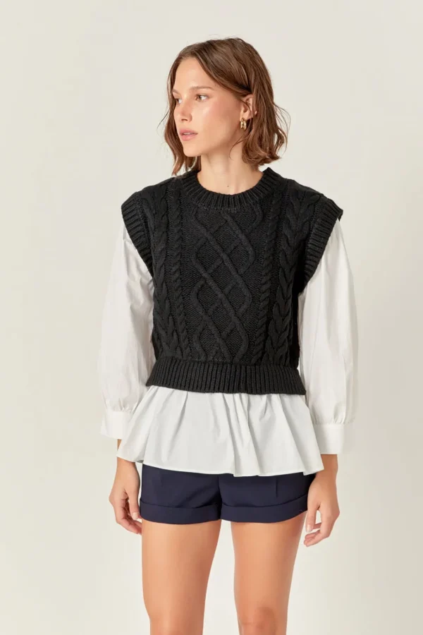 ENGLISH FACTORY Sweaters & Knits | Tops*- Mixed Media Cable Detail Sweater
