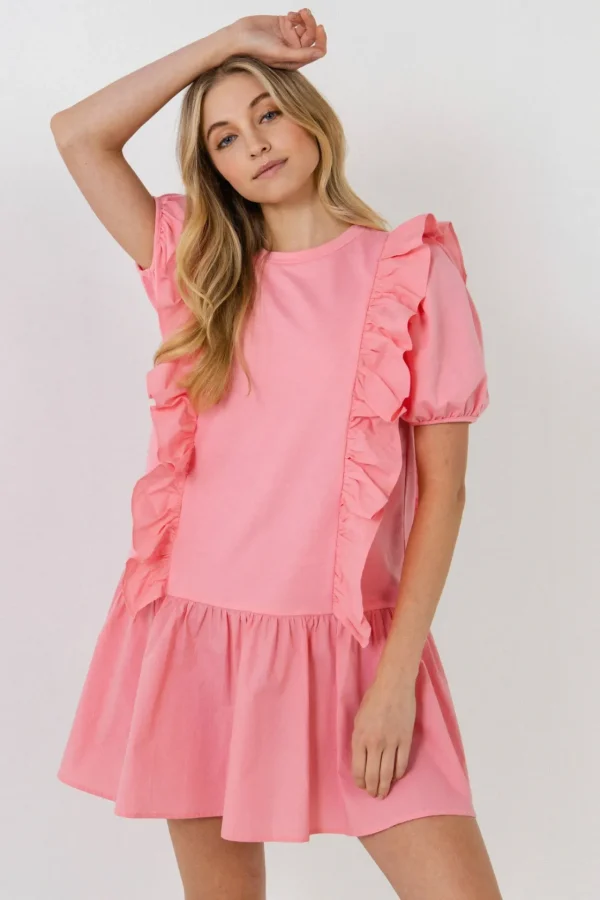 ENGLISH FACTORY Puff Sleeve | Tops*- Mixed Media Ruffle Detail Mini Dress