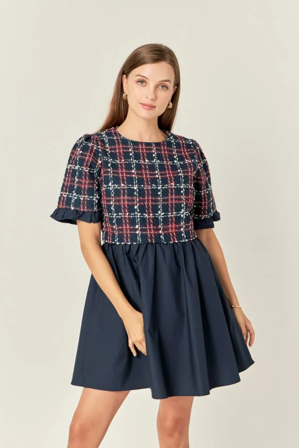 ENGLISH FACTORY Tweed Dresses | Tops*- Mixed Media Tweed Mini Dress
