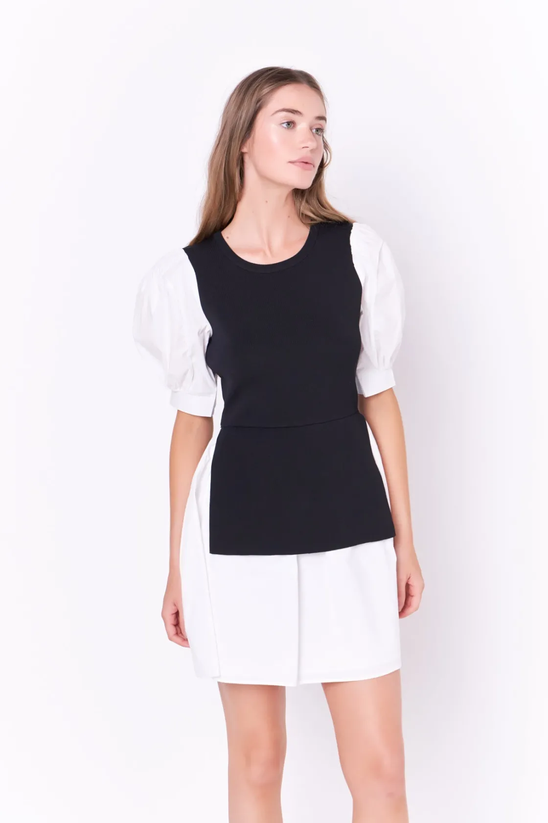 english_factory__mixed_me_8-22.webp ENGLISH FACTORY White Dresses | Puff Sleeve*- Mixed Media Puff Sleeve Mini Dress