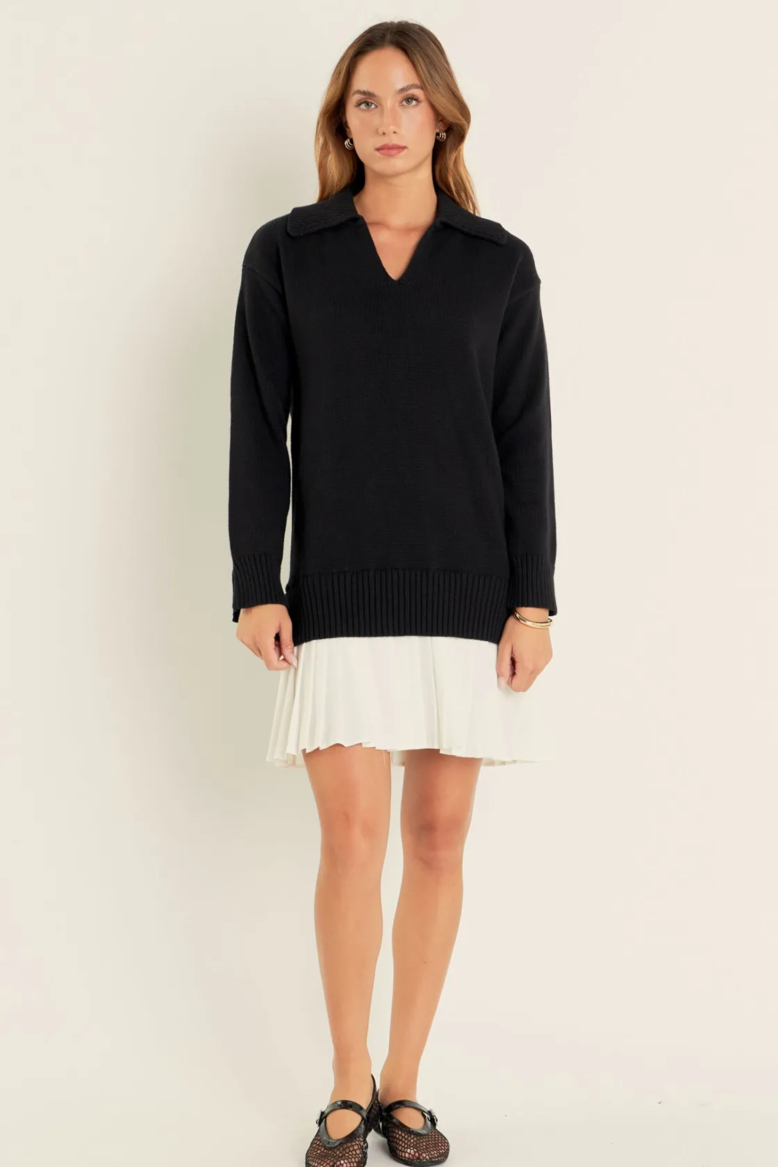 english_factory__mixed_me_8-25.webp ENGLISH FACTORY Knit Dresses | Sweaters & Knits*- Mixed Media Pleated Mini Dress