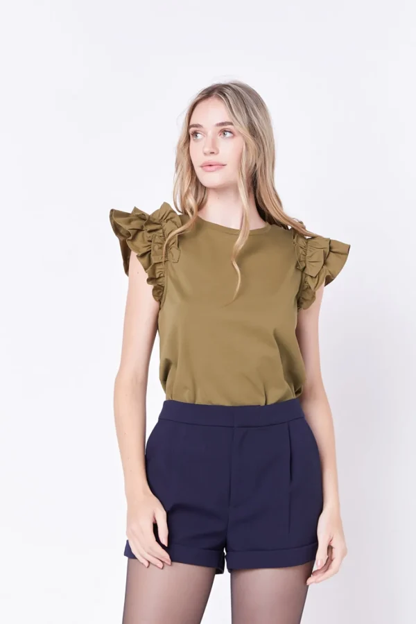 ENGLISH FACTORY Tops*- Mixed Media Ruffle Detail T-shirt