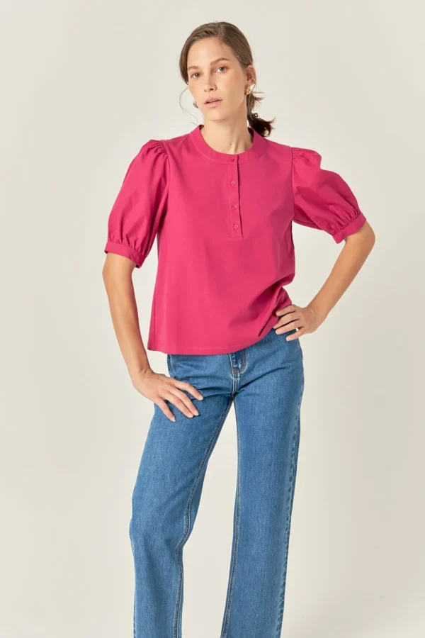 ENGLISH FACTORY Tops*- Mixed Media Puff Sleeve Top