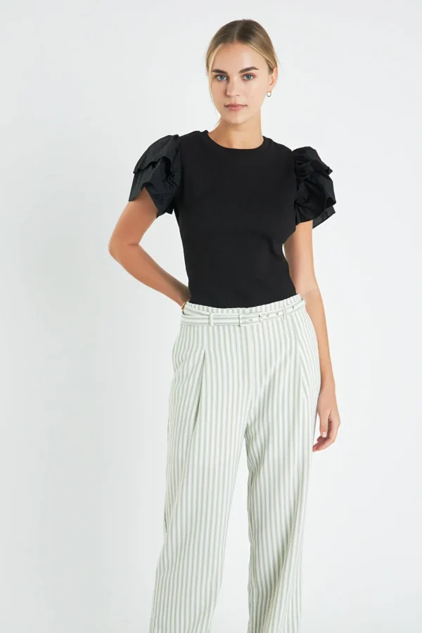 ENGLISH FACTORY Tops*- Mixed Media Ruffled Knit Top