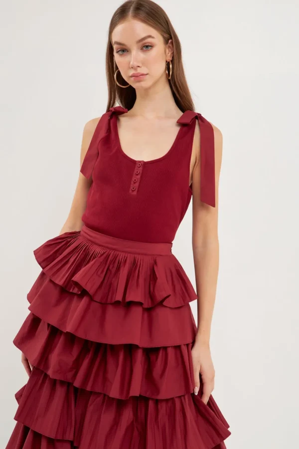 ENGLISH FACTORY Tops*- Mixed Media Bow Tie Ribbed Henley Tank