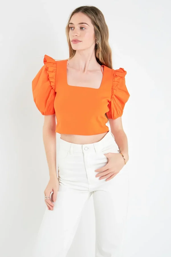 ENGLISH FACTORY Tops*- Mixed Media Puff Sleeve Knit Top