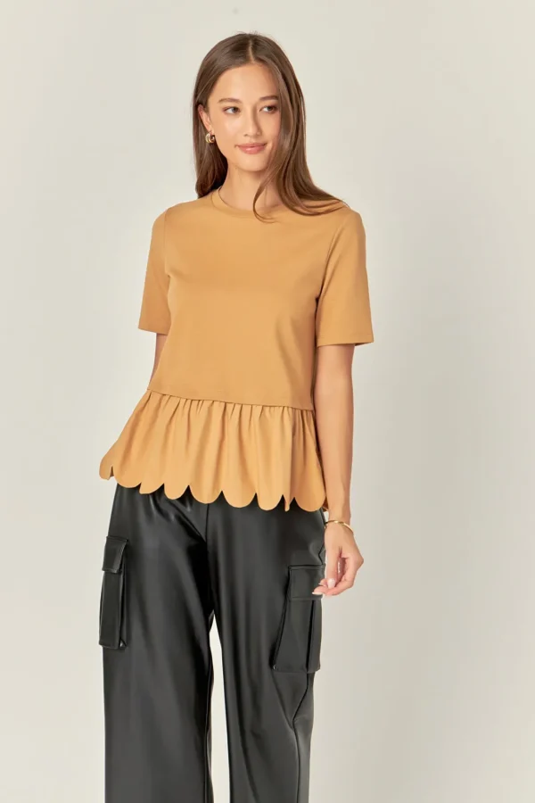 ENGLISH FACTORY Tops*- Mixed Media Scallop Detail T-shirt