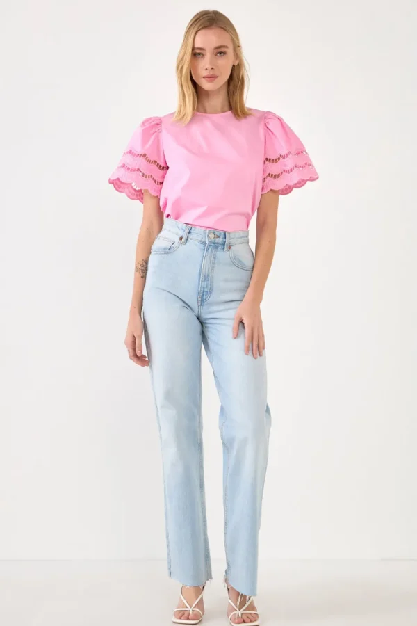 ENGLISH FACTORY Tops*- Mixed Media Lace Trim Knit Top