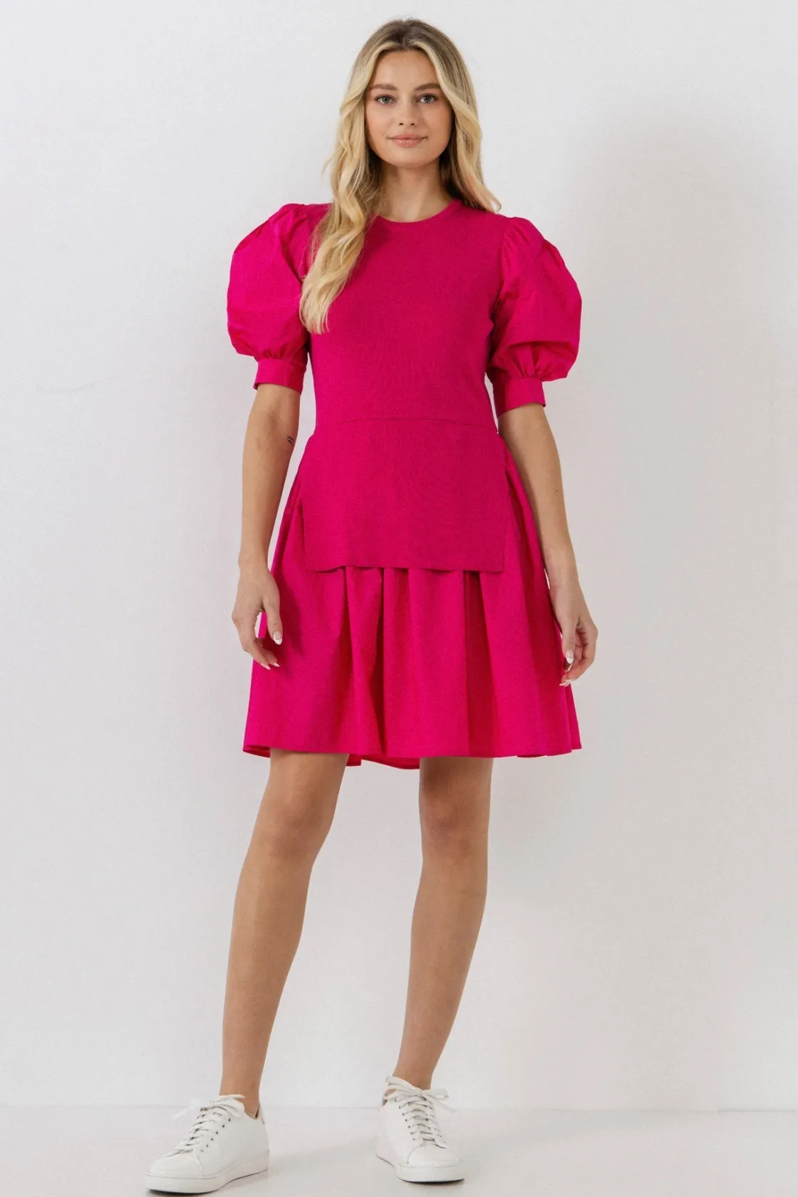 english_factory__mixed_me_9-13.webp ENGLISH FACTORY White Dresses | Puff Sleeve*- Mixed Media Puff Sleeve Mini Dress