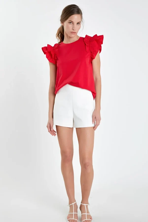 ENGLISH FACTORY Tops*- Mixed Media Ruffle Detail T-shirt