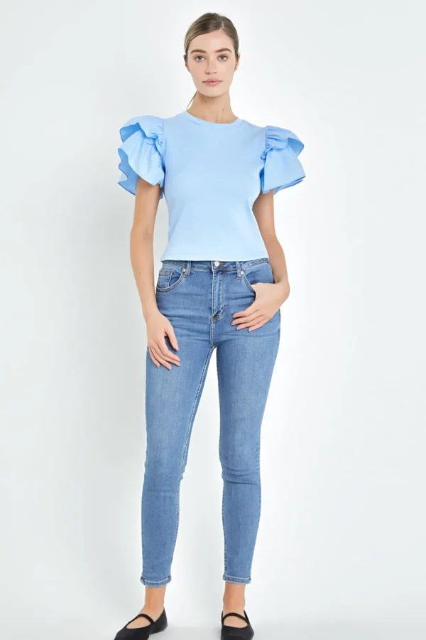 ENGLISH FACTORY Tops*- Mixed Media Ruffled Knit Top