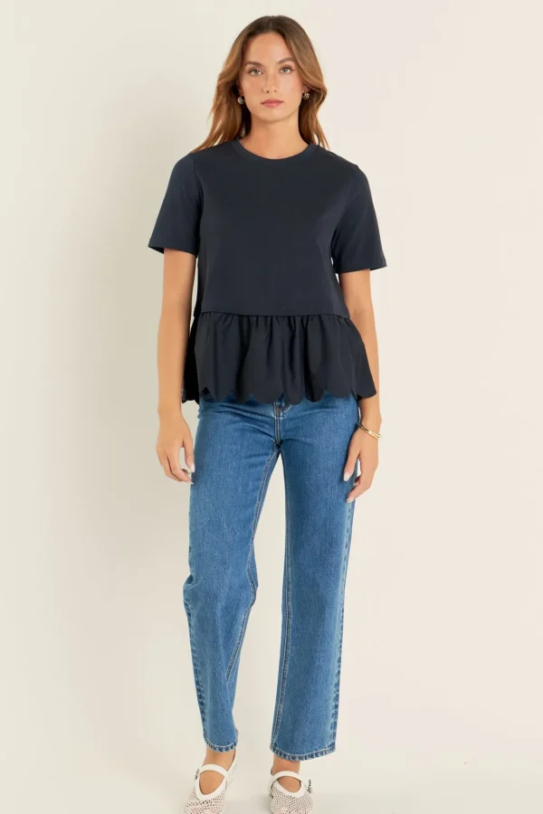 ENGLISH FACTORY Tops*- Mixed Media Scallop Detail T-shirt