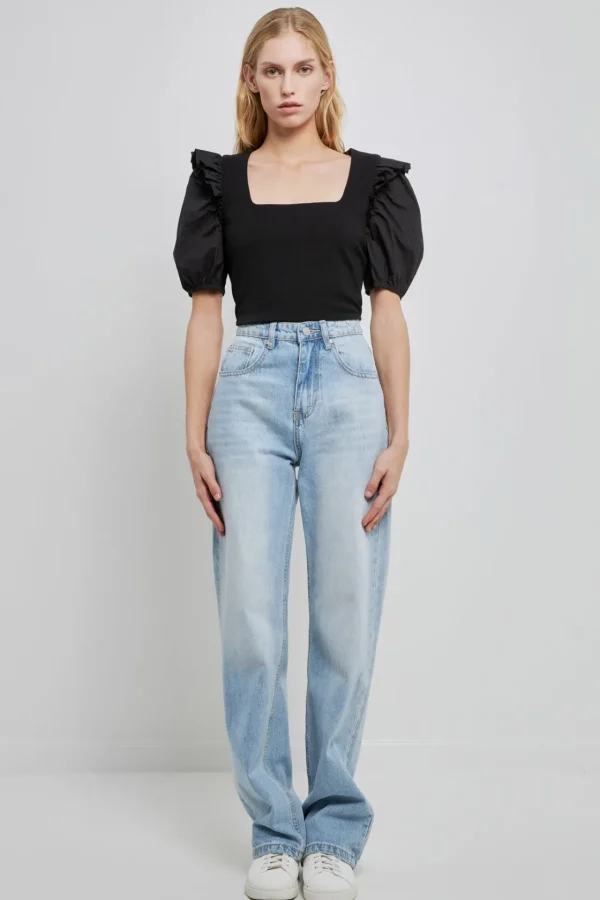 ENGLISH FACTORY Tops*- Mixed Media Puff Sleeve Knit Top