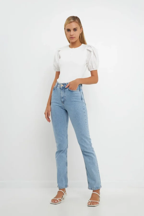 ENGLISH FACTORY Sweaters & Knits*- Mixed Media Puff Sleeve Henley Top