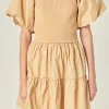 ENGLISH FACTORY Puff Sleeve | Tops*- Mix-Media Mini Dress with Corset Detail LATTE