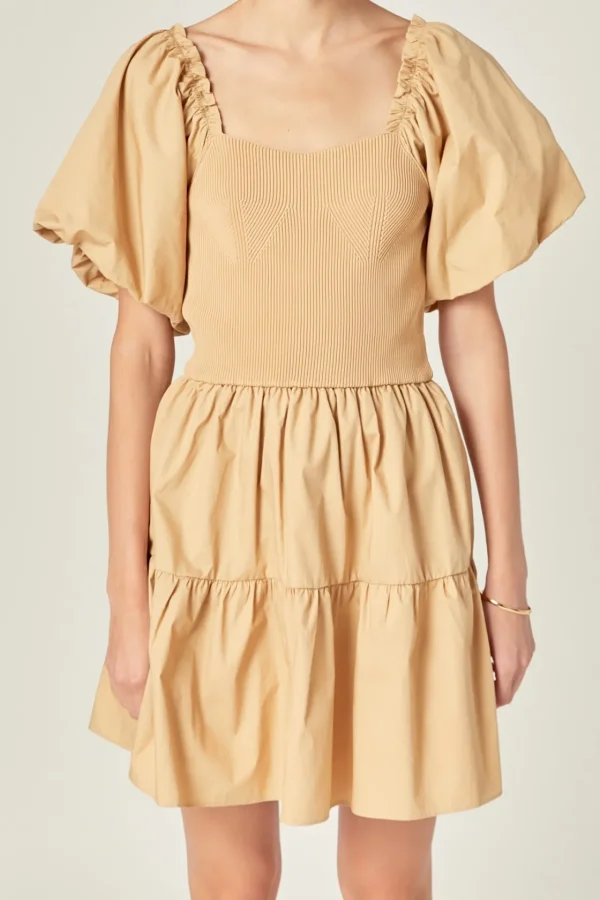 ENGLISH FACTORY Puff Sleeve | Tops*- Mix-Media Mini Dress with Corset Detail LATTE