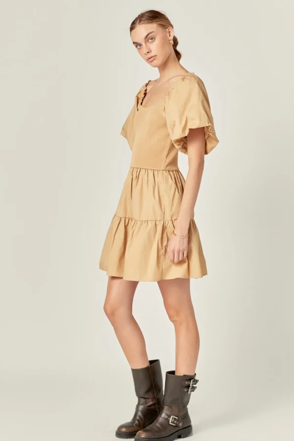 ENGLISH FACTORY Puff Sleeve | Tops*- Mix-Media Mini Dress with Corset Detail LATTE
