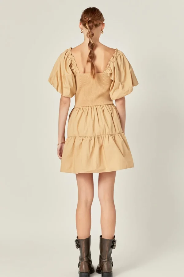 ENGLISH FACTORY Puff Sleeve | Tops*- Mix-Media Mini Dress with Corset Detail LATTE