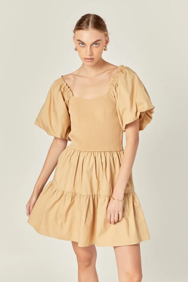 ENGLISH FACTORY Puff Sleeve | Tops*- Mix-Media Mini Dress with Corset Detail LATTE