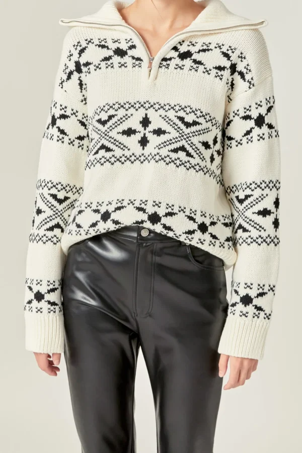ENGLISH FACTORY Sweaters & Knits*- Motif Zip Up Sweater IVORY/BLACK