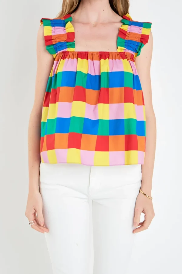ENGLISH FACTORY Tops*- Color Check Ruffle Strap Top MULTI