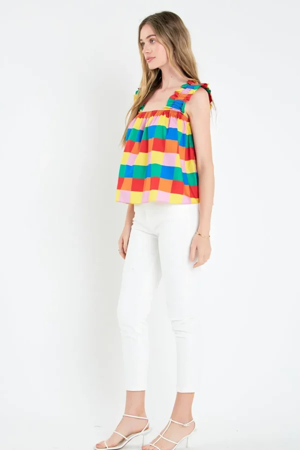 ENGLISH FACTORY Tops*- Color Check Ruffle Strap Top MULTI