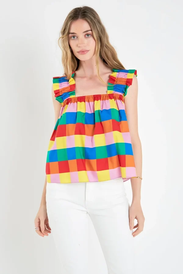 ENGLISH FACTORY Tops*- Color Check Ruffle Strap Top MULTI