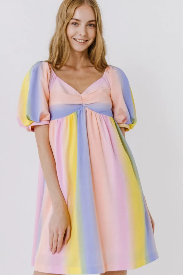 ENGLISH FACTORY Puff Sleeve | Tops*- Color Stripe Babydoll Dress MULTI