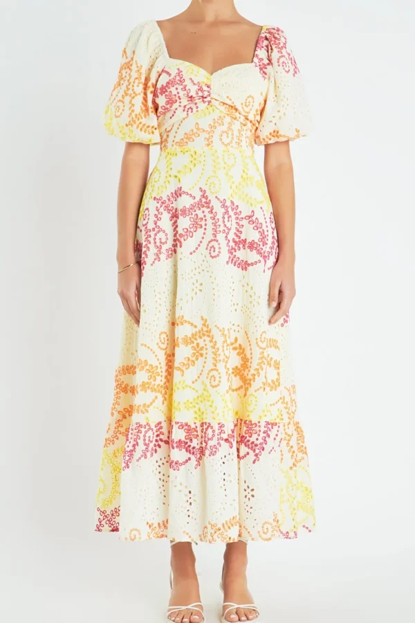 ENGLISH FACTORY Lace Dresses | Puff Sleeve*- Multi Dye Lace Maxi Dress YELLOWMULTI
