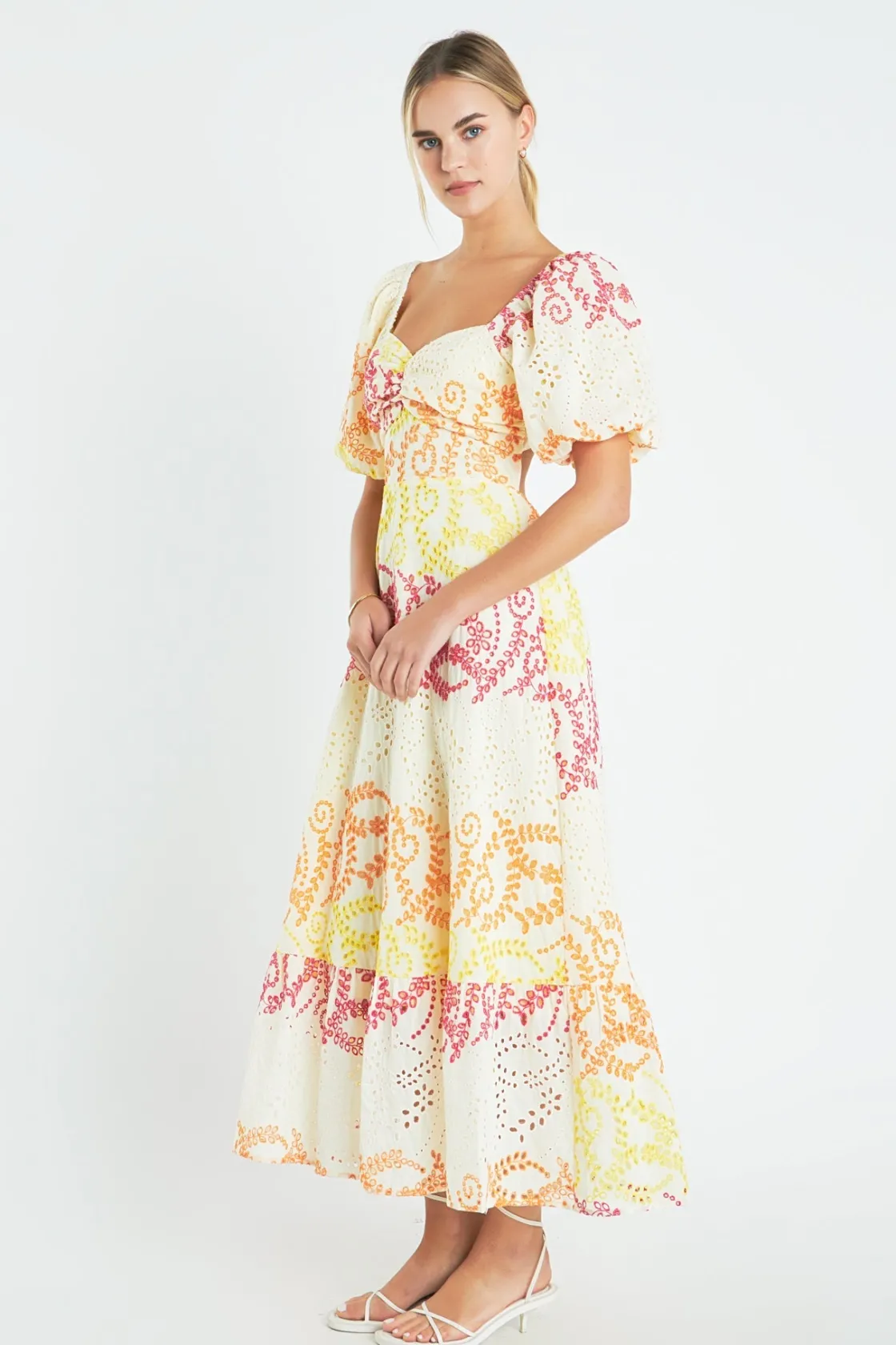 english_factory__multi_dy_1.webp ENGLISH FACTORY Lace Dresses | Puff Sleeve*- Multi Dye Lace Maxi Dress YELLOWMULTI