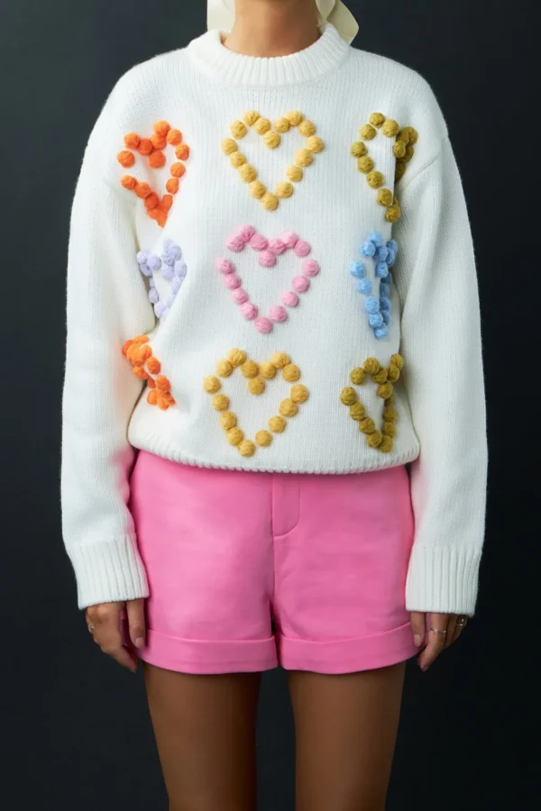 ENGLISH FACTORY Sweaters & Knits*- Multicolor Heart Pom Sweater IVORYMULTI