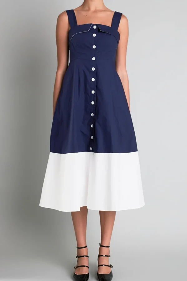 ENGLISH FACTORY Tops*- Navy & White Color Block Midi Dress NAVY/OFFWHITE