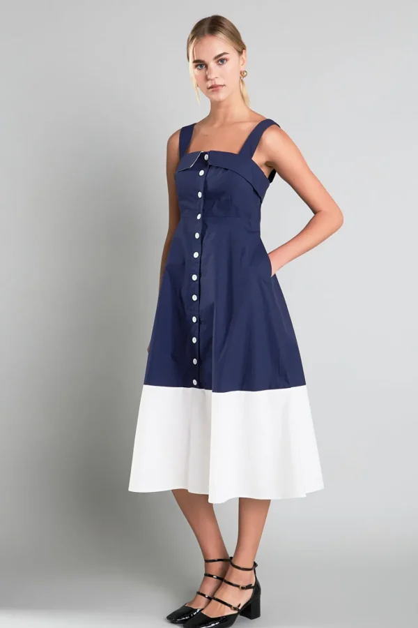 ENGLISH FACTORY Tops*- Navy & White Color Block Midi Dress NAVY/OFFWHITE