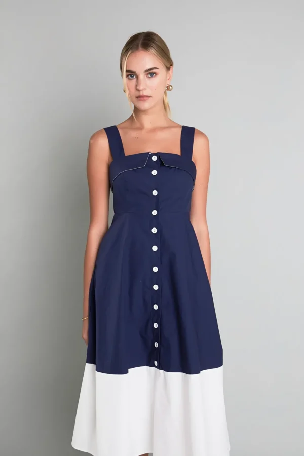 ENGLISH FACTORY Tops*- Navy & White Color Block Midi Dress NAVY/OFFWHITE