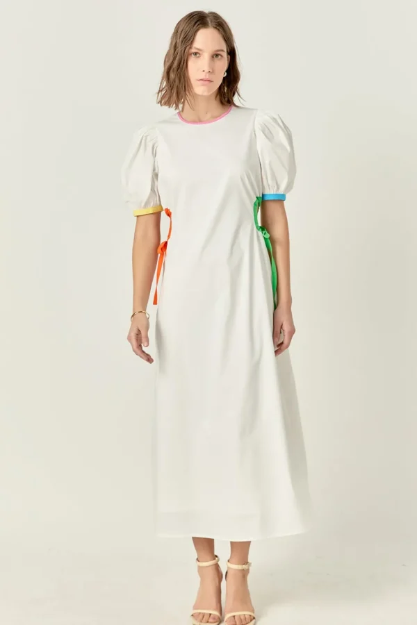 ENGLISH FACTORY Puff Sleeve | Tops*- Navy Color Block Midi Dress