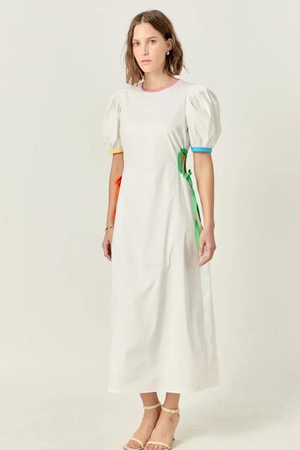 ENGLISH FACTORY Puff Sleeve | Tops*- Navy Color Block Midi Dress