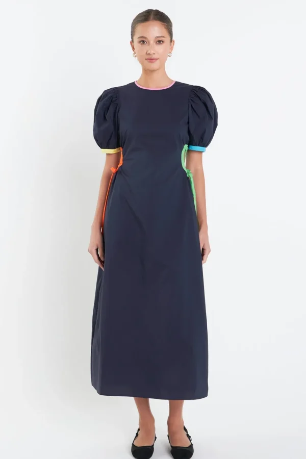 ENGLISH FACTORY Puff Sleeve | Tops*- Navy Color Block Midi Dress