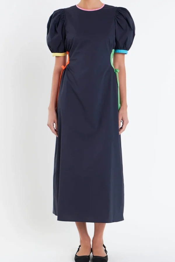 ENGLISH FACTORY Puff Sleeve | Tops*- Navy Color Block Midi Dress